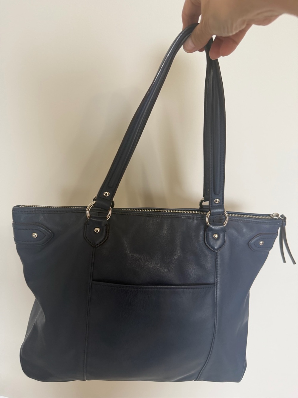 Coach Navy Leather Tote Bag with Silver Hardware